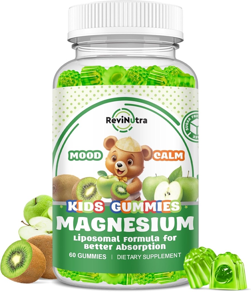 Liposomal Kids Magnesium Gummies- Magnesium Glycinatemies עבור ילדים תוספת-w / Omega 3, ויטמין B6, D3- תמיכה הקלה מתח, עצמות, Mood, ירוק אפל & קיווי פלמור, 60 הרוזן