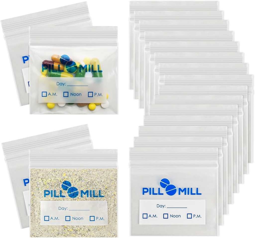 גלולת גלולה - גודל 3" X 2" 3 מייל - מארגנת גלולות פלסטיק - Small Pill Baggies - Travel Pill Pouch - Daily AM PM תרופה אחסון Pouches - Locking Pillנשא Container (100-Pack)