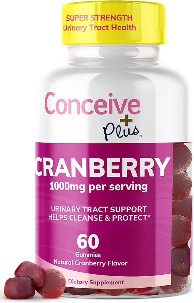 ConIVE PLUS Cranberry Gummies - 1000 מ"ג חיזוק קריין חניכיים ויטמינים, בריאות שתן, 60 חניכיים ספירה, 30 יום אספקה
