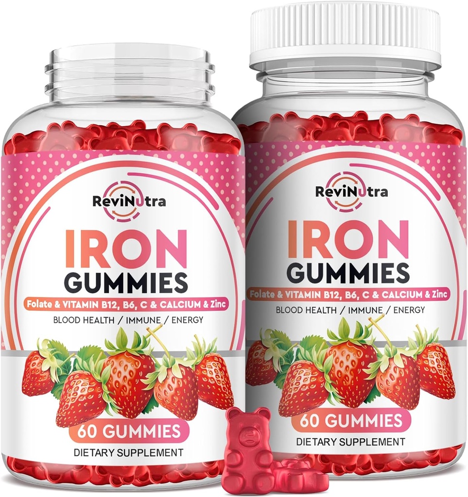 חניכיים ברזל - עם Calcium, Zinc, Folate & ויטמין B12, C, B6 למבוגרים וילדים - Blood Builder & Energy Support for Iron Deficiency, Anemia, טבעוני - 2 Pack Strawberry Flavour, 60 חניכיים