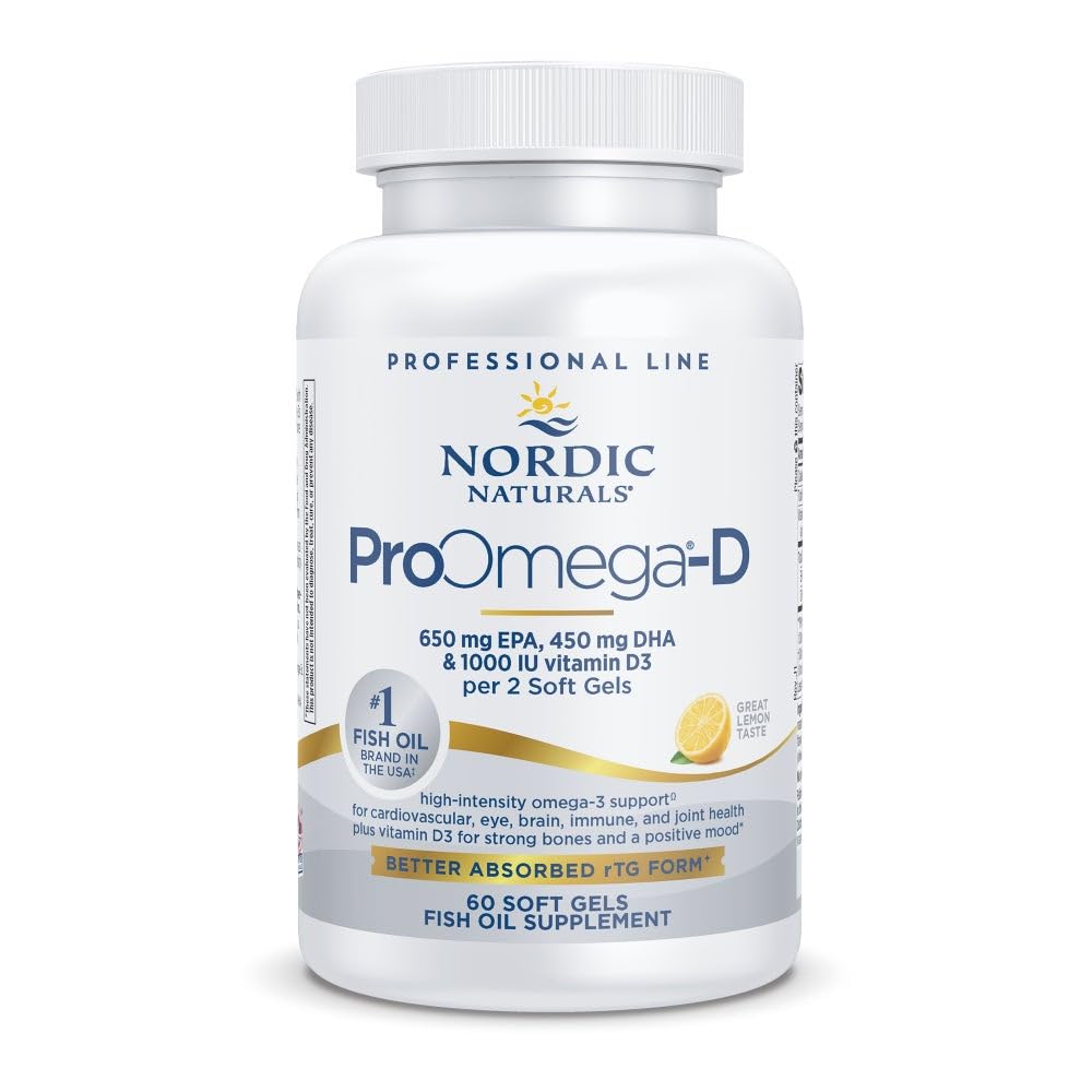 Nordic Naturals ProOmega-D, Lemon Flavor - 60 Soft Gels - 1280 מ"ג אומגה 3 + 1000 IU D3 - שמן דגים עתירי גבוה - EPA & DHA - Brain, Eye, Heart, & Immune Health - Non-GMO - 30 משרתים