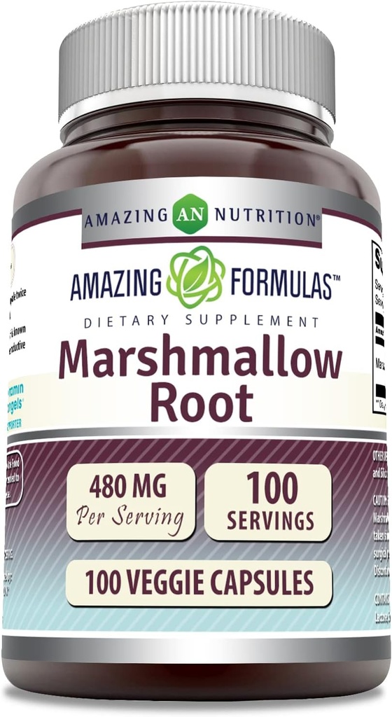 פורמולה מדהימה Marshmallow Root Supplement | 480 Mg Per Serve | 100 Veggie קפסולות | Non-GMO | Gluten Free | Made in USA