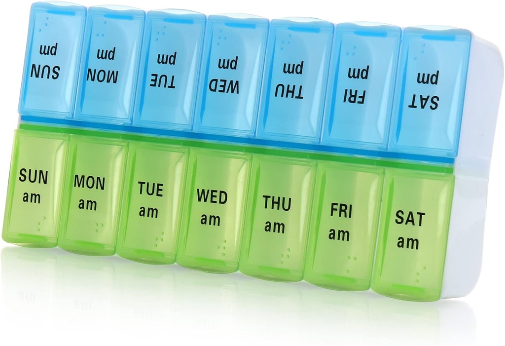7 יום שבועי גלולות מארגנת,Large Daily Pill מארגנת 2 פעמים ביום,AM PM Pill Case, Day Night Pill Container 7 Day 14 השוואתיות ל- Pills ויטמינים (כחול + ירוק)