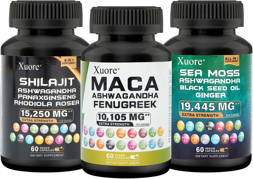 Bundle of Sea Mos,Shilajit, Maca, Black Seed Oil, Ashwagandha, ג'ינג'ר, Shilajit, Rhodiola Rosea, Panax גינזנג, Maca Root, Fenugreek, Trifibranol100X, All in 1s (1 Pack)