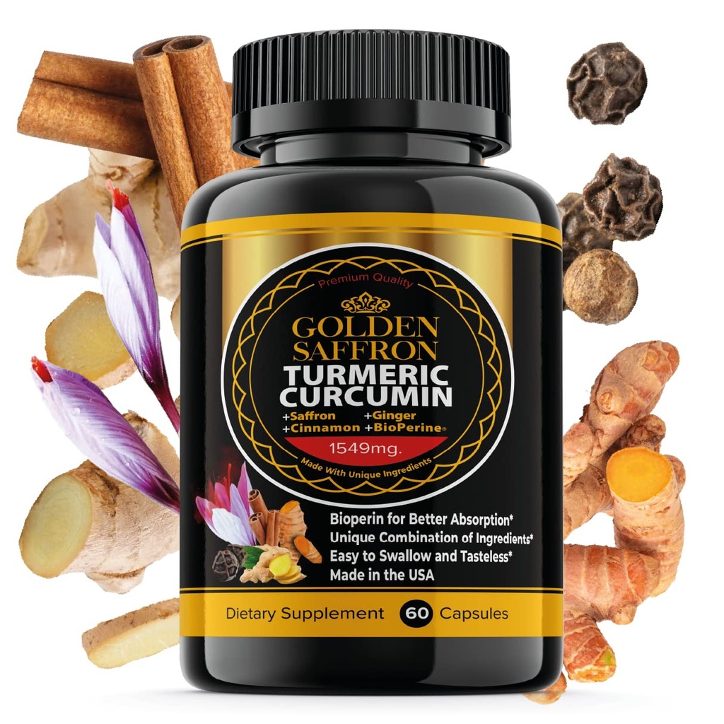GOLDEN SAFFRON Turmeric Curcumin תוסף עם bioperine, Saffron, Cinnamon, ו-Gang - High Potency, non-GMO, תוסף ללא גלוטן ליעילות טובה יותר. מיוצר בארה"ב