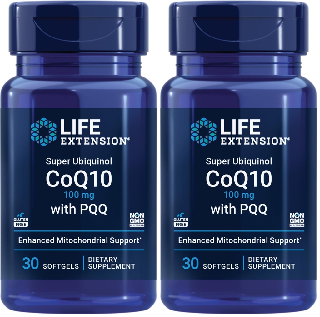 Life Extension Super Ubiquinol CoQ10 עם PQQQ, CoQ10, PQQQ, shilajit, Heart Health, Mobile Energy Support, 8X Better Absorption, Gluten-Free, 100 מ"ג, 30 רכות (Pack of 2)