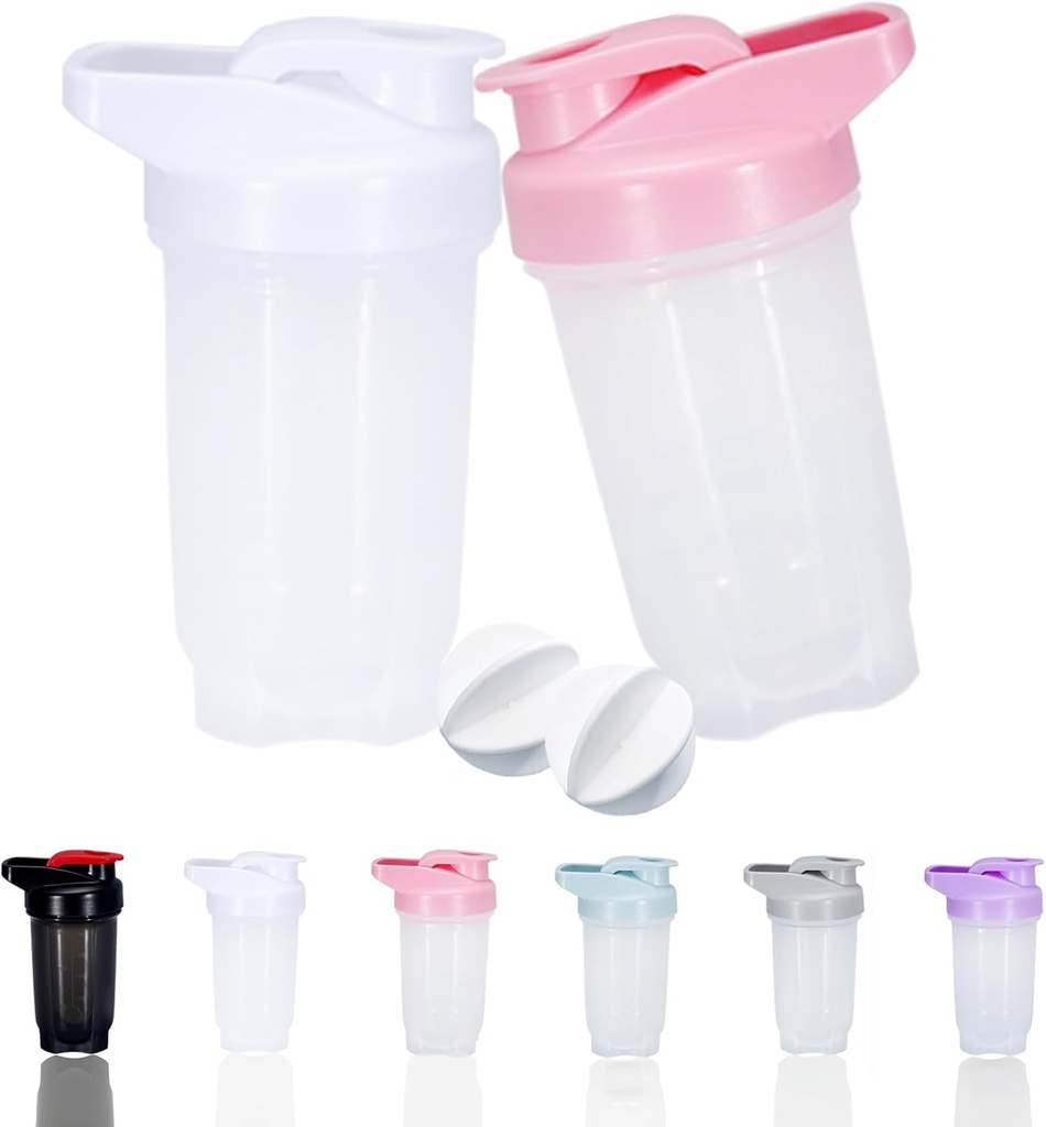 Shaker Bottle Protein Shakes Cup ו- 10Ounce /300ML Shaker בקבוק עם Whisk Balls, חלבונים שייקרס בקבוק להגדיר, פלסטיק non-BPA (White+Pink(2PCS)