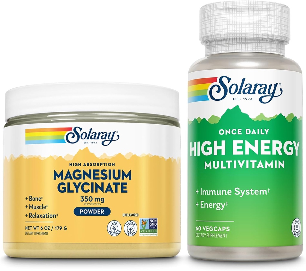 SOLAray Magnesium Glycinate אבקה 350 מ"ג ואנרגיה גבוהה Multivitamin Bundle - Chelated Magnesium ו-Daily Multi - בריאות העצם, שריר, לב ותמיכה בחיסון, 60 ימים ערבות, 6oz / 60ct