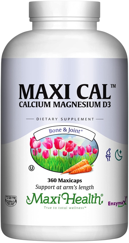 Maxi Health Calcium 1000 מ"ג תוספת עם ויטמין D3 (1000 IU) ומגנזיום (500 מ"ג) - עצם, שיניים ותמיכה משותפת לגברים ונשים - 360 קפסולות - Maxi Cal