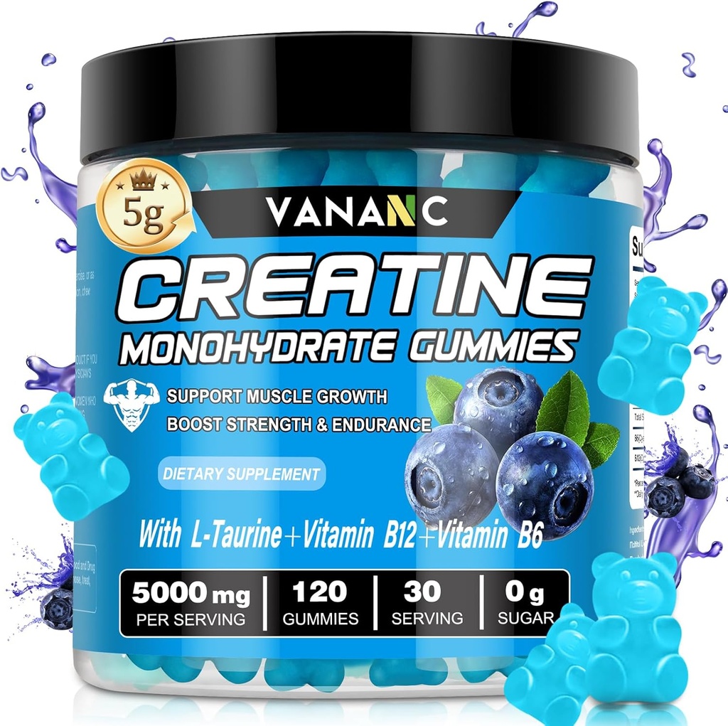Creatine Monohydrate Gummies 5000 מ"ג עבור גברים ונשים, סוכר חינם,Low ב Calories, עם L-Taurine + ויטמינים להגדלת כוח השרירים