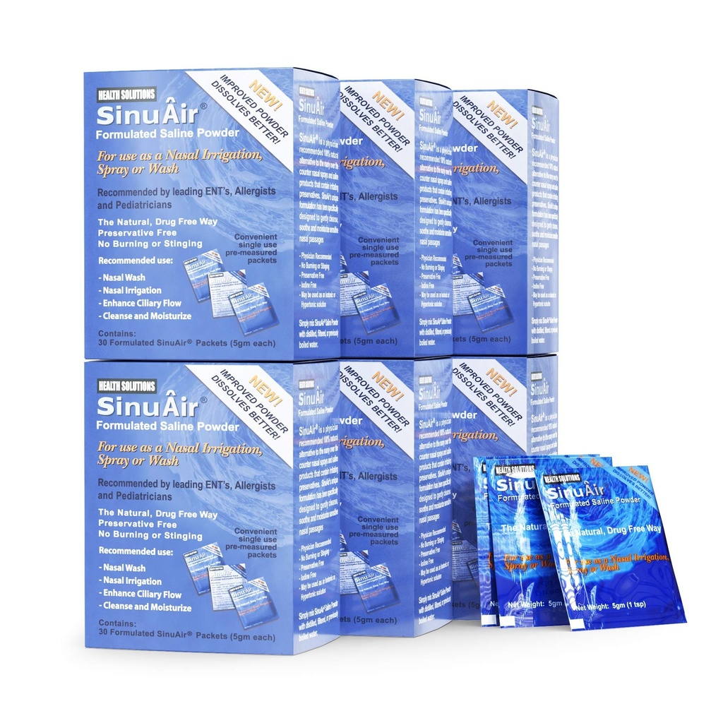 SinuAir Sinus Rinse Salt Solution - אבקת Saline עבור מערכת SinuPulse, Neti Pot Flush, Nasal Wash Squeeze הבקבוק, & Nose Irrigation, פורמולה משופרת ניקוי עבור Sinuses, 180 Packets