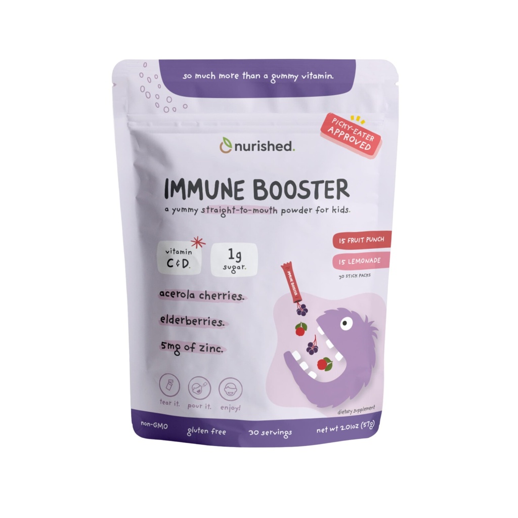 ילדים Immune Booster עם Elderberry, Acerola Cherry, Zinc, ויטמינים C & D - אבקת ישר-to-Mouth - 30 משרתים - 2 Flavors