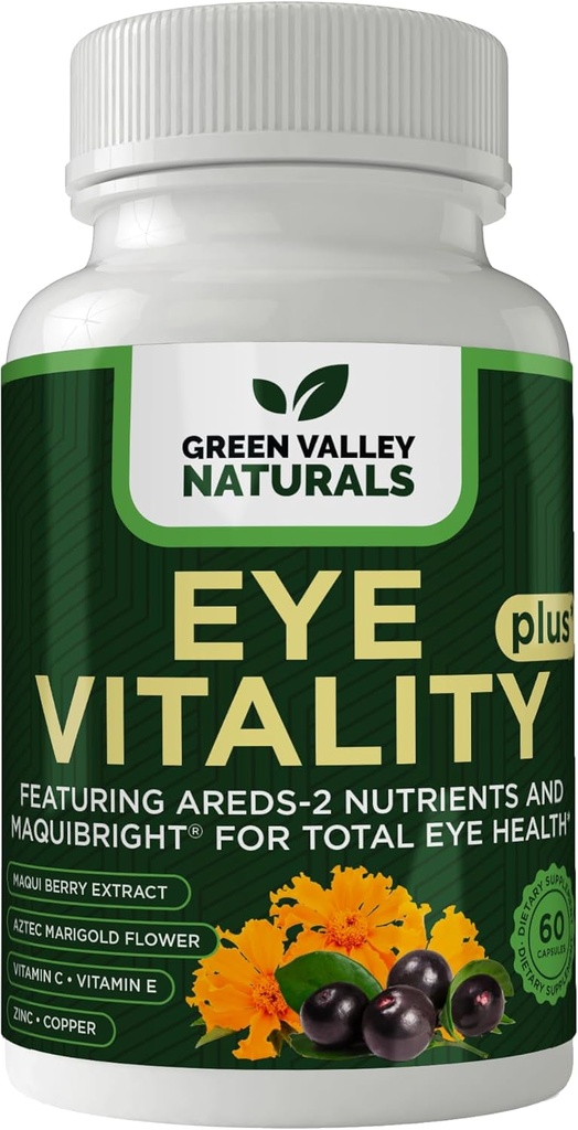 GREEN VALLEY NATURALS Eye Vitality Plus תוסף, עם Amds-2 Foodsents, Maquibright, פרח מריזה, ויטמינים C & E, Zinc, Copper, 60 קפסולות (1)