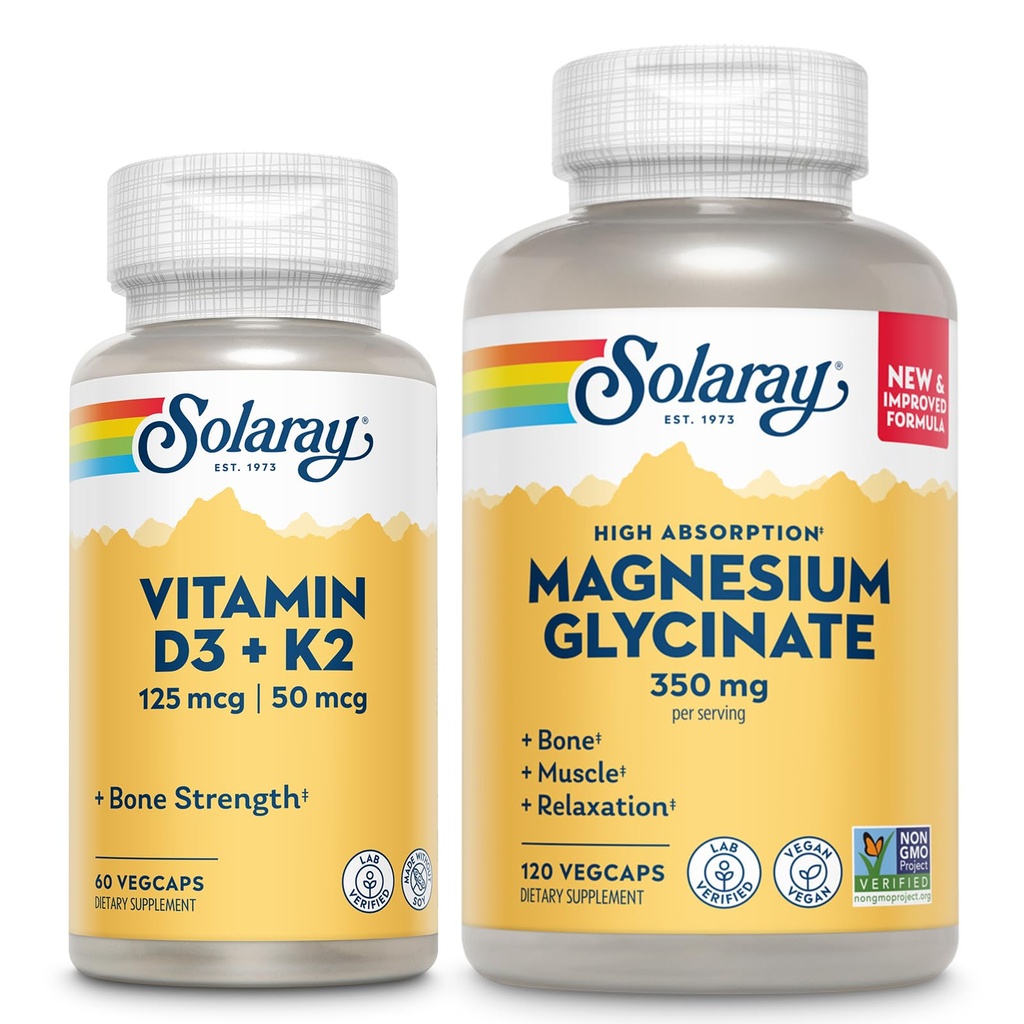 SOLAרי ויטמין D3 K2 ומגנזיום Glycinate - Bone Health Bundle - Calcium Absorption, Nerve, Heart and Immune Support w / 5000 IU ויטמין D, 350 מ"ג Chelated Magnesium, 60-Day Promise, 60ct / 120ct