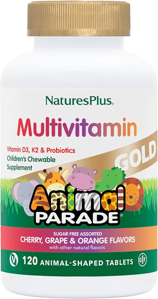 NaturesPlus Animal Parade Gold Children's Multivitamin - Assorted Cherry, Orange & Grape Flavors - 120 טבליות Chewable בעלי חיים, Pack of 3 - טבעוני, Gluten Free - 180 מוחלט המשרתים