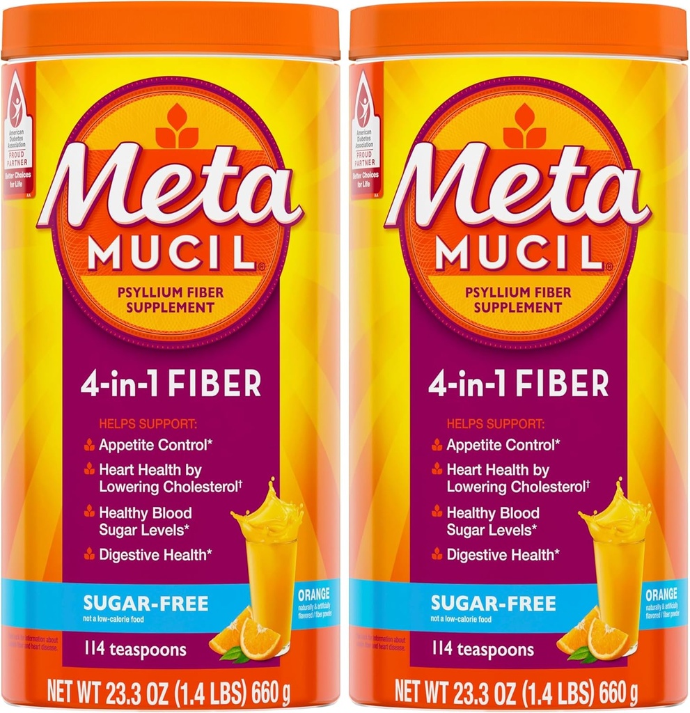 Metamucil, Daily Psyllium Husk אבקת תוסף, אבקת סוכר ללא סוכר, 4in-1 סיבים לבריאות העיכול, כתום פלאפורד, 114 תהוונים, 1.4 פאונד (Pack of 2)
