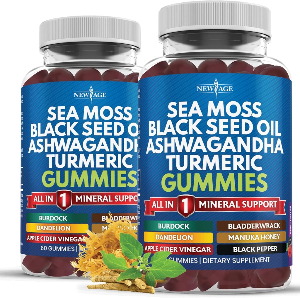 Sea Mossss Gummies, Sea Moss, Black Seed, Ashwagandha, Turmeric, Manuka Honey, ACV, Dandelion, Black Pepper, Burdock, Bladderwrack, טבעוני 120 הרוזן