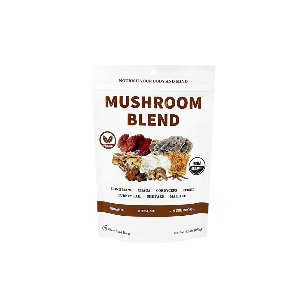 Cherie Sweet Heart 7 Mushroom לחלץ אבקה - USDA אורגני Superfood Band with Lion's Mane, Reishi, Cordyceps, Maitake, Shiitake, טורקיה Tail & Chaga - טבעוני, non-GMO, Gluten-Free - 3.5 ozten-Free - 3.5 oz