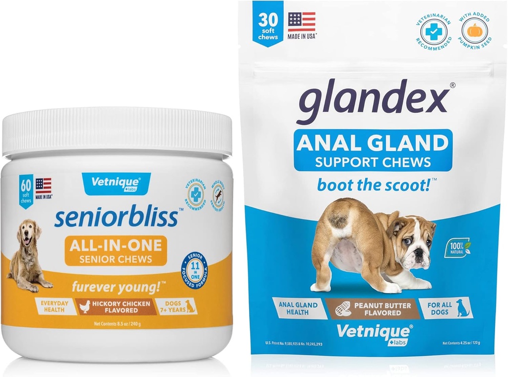 VETNIQUEs All-in-One Multivitamin Chews עבור כלבים מבוגרים (60ct) & Glandex Anal Gland לתמוך ב- Peanut Butter Soft Chews for Dogs (30ct)