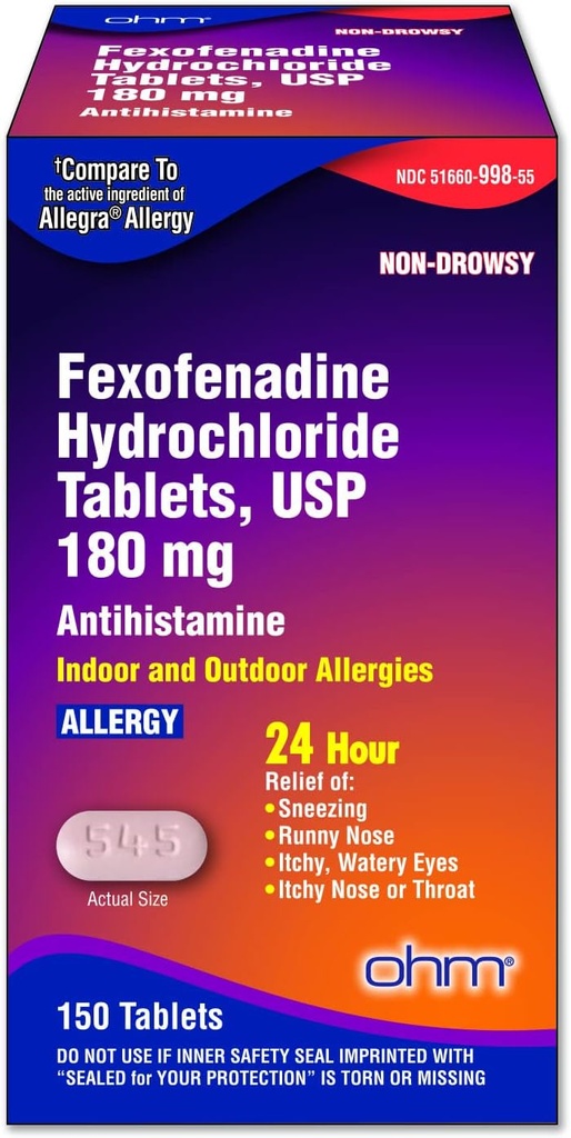 Om Allergy Medicine Fexofenadine 180 מ"ג - 24 שעות הקלה עבור סימפטומים Sneezing ו Allergy, non-Drowsy - 24Hour Antihistamine טבליות עבור הקלה יעילה - 150 הרוזן (Single Pack)