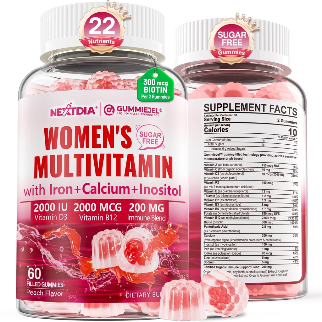 Methylated Multivitamin עבור נשים חניכיים, Calcium, D3 K2, Methylfolate & B12, Inositol, Daily A, C, E, B Complex, Biotin, ברזל - אנרגיה, Immune, Bone, Skin, Skin - שיער - טבעוני, סוכר, חינם, 60 Count