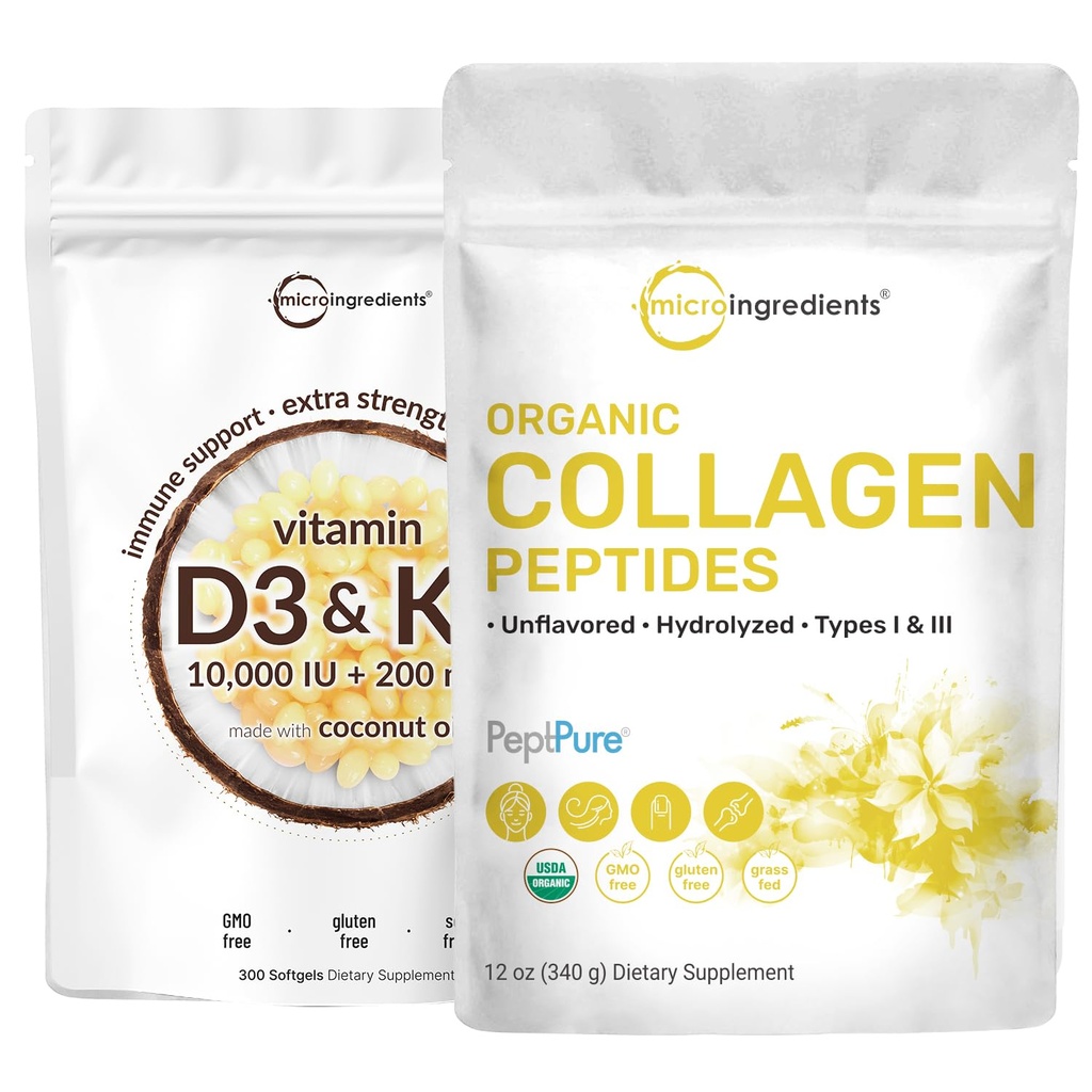 Micro Ingredients Vitamin D3 10000 iu + K2 200 mcg Coconut Oil Softgels & Organic Collagen Peptides Powder Bundle 2 Pack | Essential Sunshine Vitamins | Hydrolyzed Type I & III Bovine Collagen