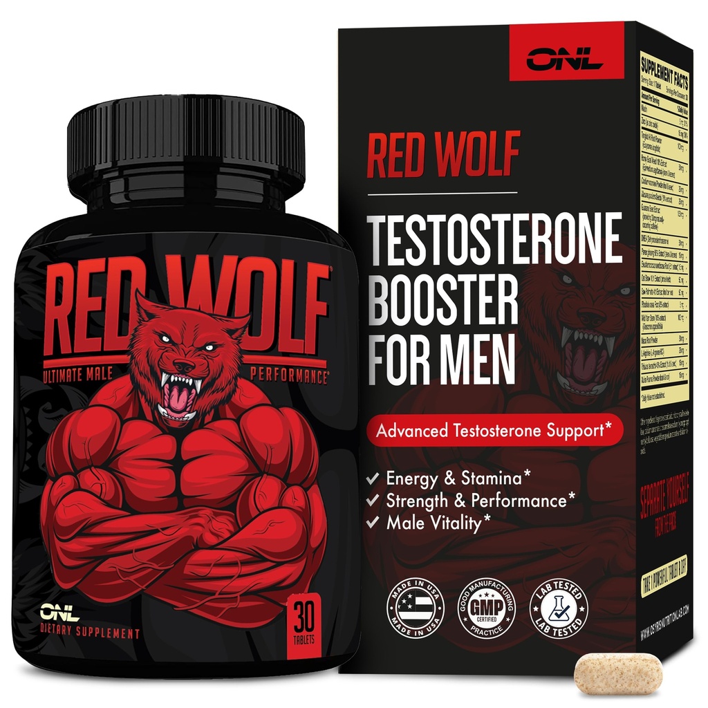 OnL Red Wolf Booster for Men - תוסף הגברים האולטימטיבי עבור High Potency Endurance, Energy & Power - טסטוסטרון תוסף לגברים - w/Tongkat Ali Male Enhancement - 30 Ct