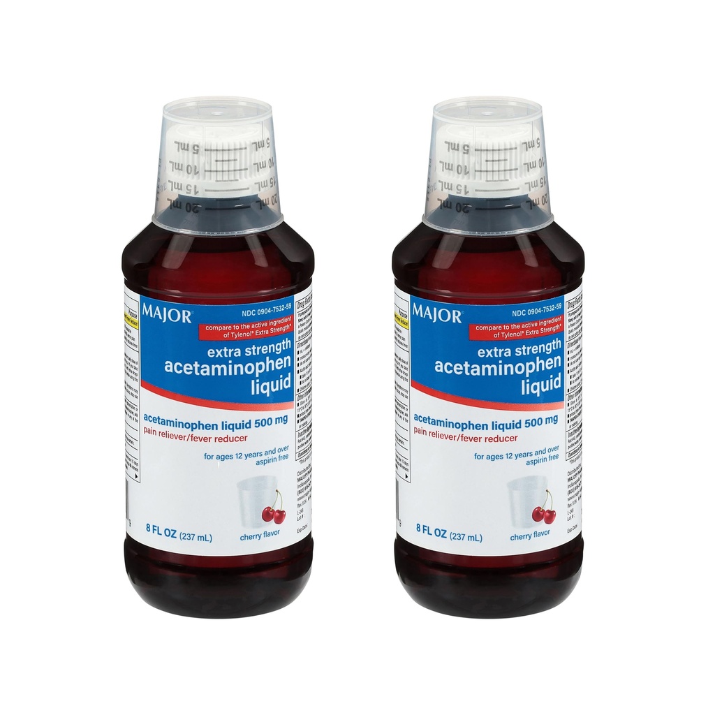 MAJOR תוספת כוח נוזל Acetaminophen 500 מ"ג - עוזר להקליד כאב ולהפחית Fevers - Aspirin חינם - Cherry Flavor - 8 Fl Oz (2 Pack)
