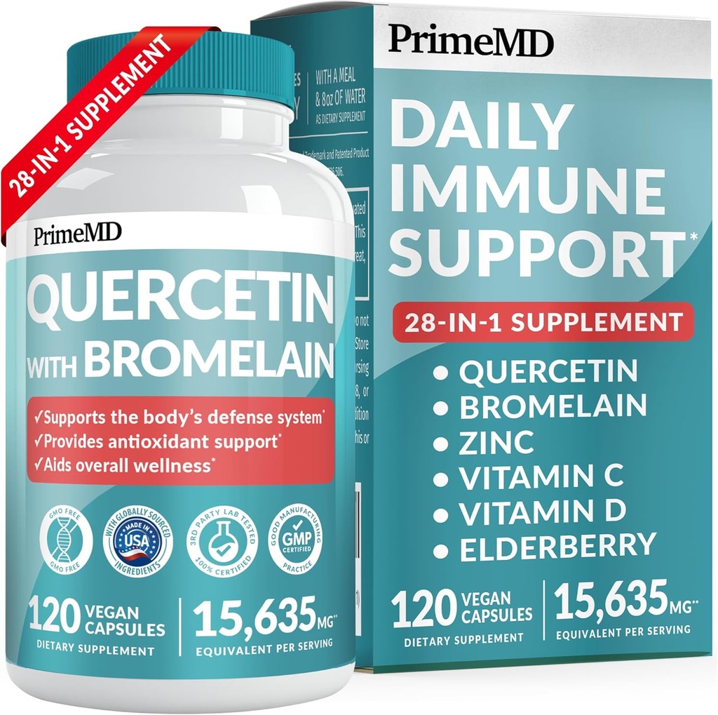 28-in-1 Quercetin עם תוסף Bromelain עבור תמיכה הגנת החיסון יומי - Quercetin עם ויטמין C ו- Zinc למבוגרים נעשר עם ויטמין D ו- Elderberry (120ct)