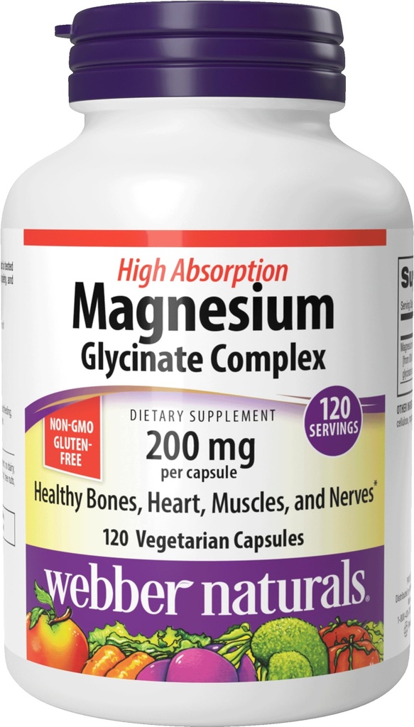 Webber Naturals Magnesium Glycinate 200mg, High Absorption, 120 Capsules