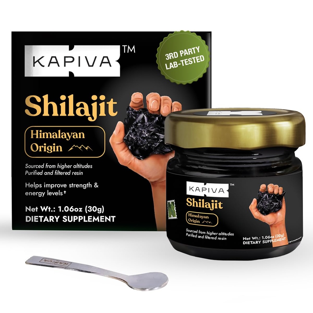 Kapiva 100% טהור ההימלאיה Shilajit Resin (30gm), עוצמה גבוהה עבור גברים ונשים; 120 משרתים של 250 מ"ג | 80+ מינרלים Trace, עד 70% Fulvic Acid | אנרגיה טבעית & Immune Support