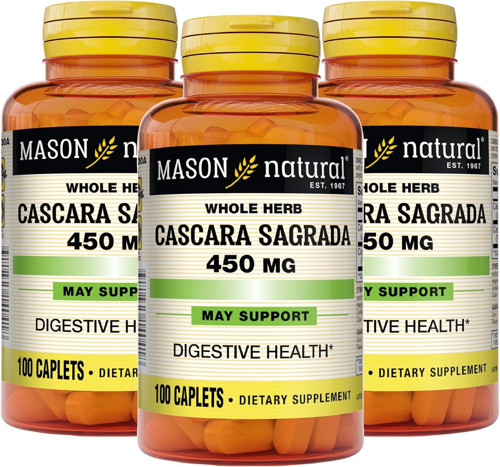 מייסון Natural Cascara Sagrada 450 מ"ג, תוסף צמחי לתמיכה פונקציונלית רגילה, 100 קפסולות (Pack of 3)