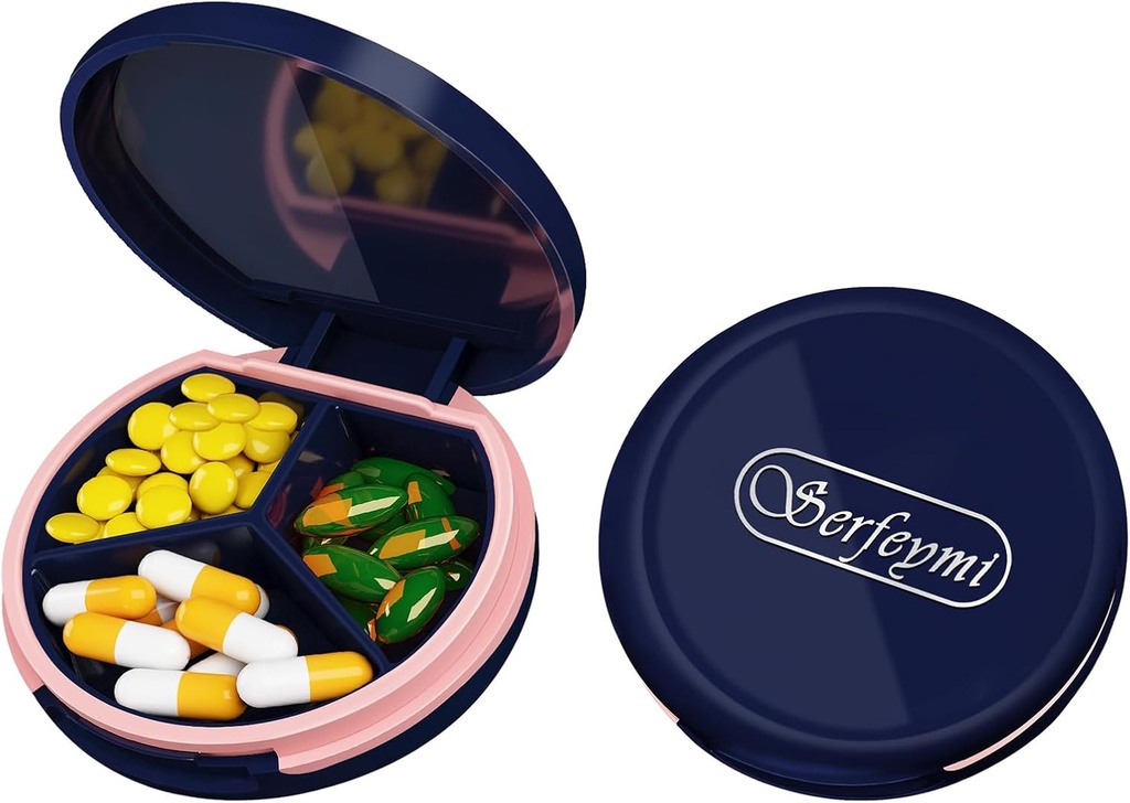 Serfeymi Small Pill Box - 3 השוואתיות Portable Pill Box for Purse Pocket, Compact Mini Travel Pill Case - מתאים לרפואה, ויטמין, שמן דגים, תוספים - Dark Blue(Log)