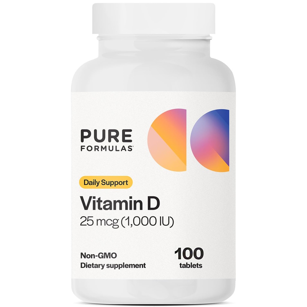 PureFormulas ויטמין D3 1,000 IU 25 mcg - Premium D תוסף עבור טופסת עצמות בריאה, שיניים, בריאות Cardiovascular, ו Immune תמיכה Non-GMO - 100 Count Tablet