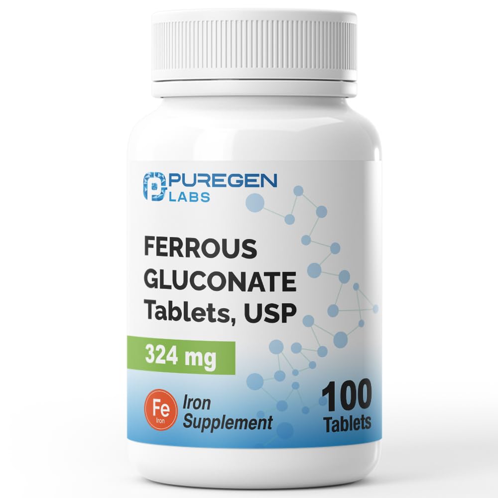 Puregen Labs Ferrous Gluconate 324 מ"ג תוספת ברזל, Gentle על Stomach - 100 טבליות