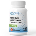 Puregen Labs Ferrous Gluconate 324 מ"ג תוספת ברזל, Gentle על Stomach - 100 טבליות