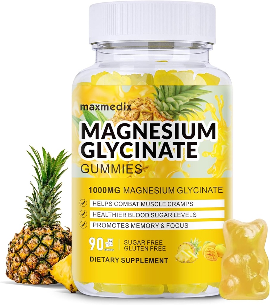 מגנזיום Glycinate חניכיים 1000 מ"ג, סוכר חינם Magnesium Potassium תוספי Chewable עבור מבוגרים עם L-Threonate עבור שינה, תמיכה גוף ומנוחה,90 מנגו Pineapplemies