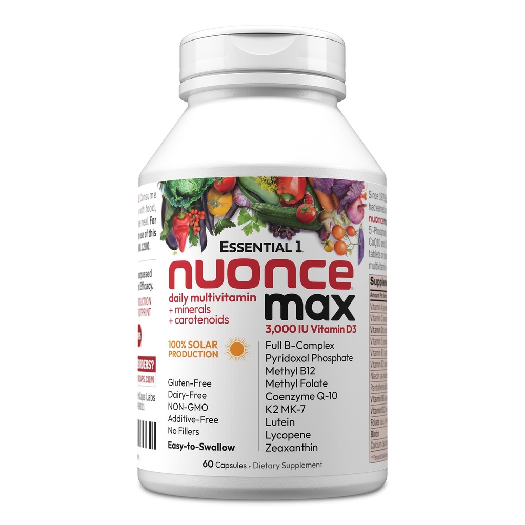 ANDREW LESSMAN Essential-1 nuonce max Multivitamin 3000 IU ויטמין D3 60 קפסולות קטנות. 100 mcg Methyl B12 CoQ10 Lutein Lycopene Zeaxanthin. עוצמה גבוהה. אין תוספות. Ultra-Mild One Daily קפסולת