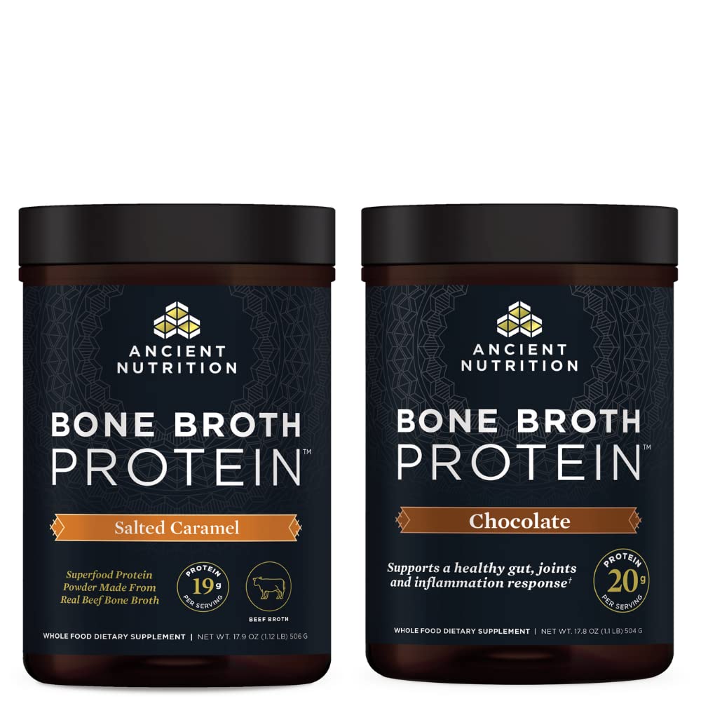אבקת חלבונים עתיק העצם Broth חלבון אבקה, Salted Carmel, 20 משרתות + אבקת חלבון העצם Broth, שוקולד, 20 משרתים