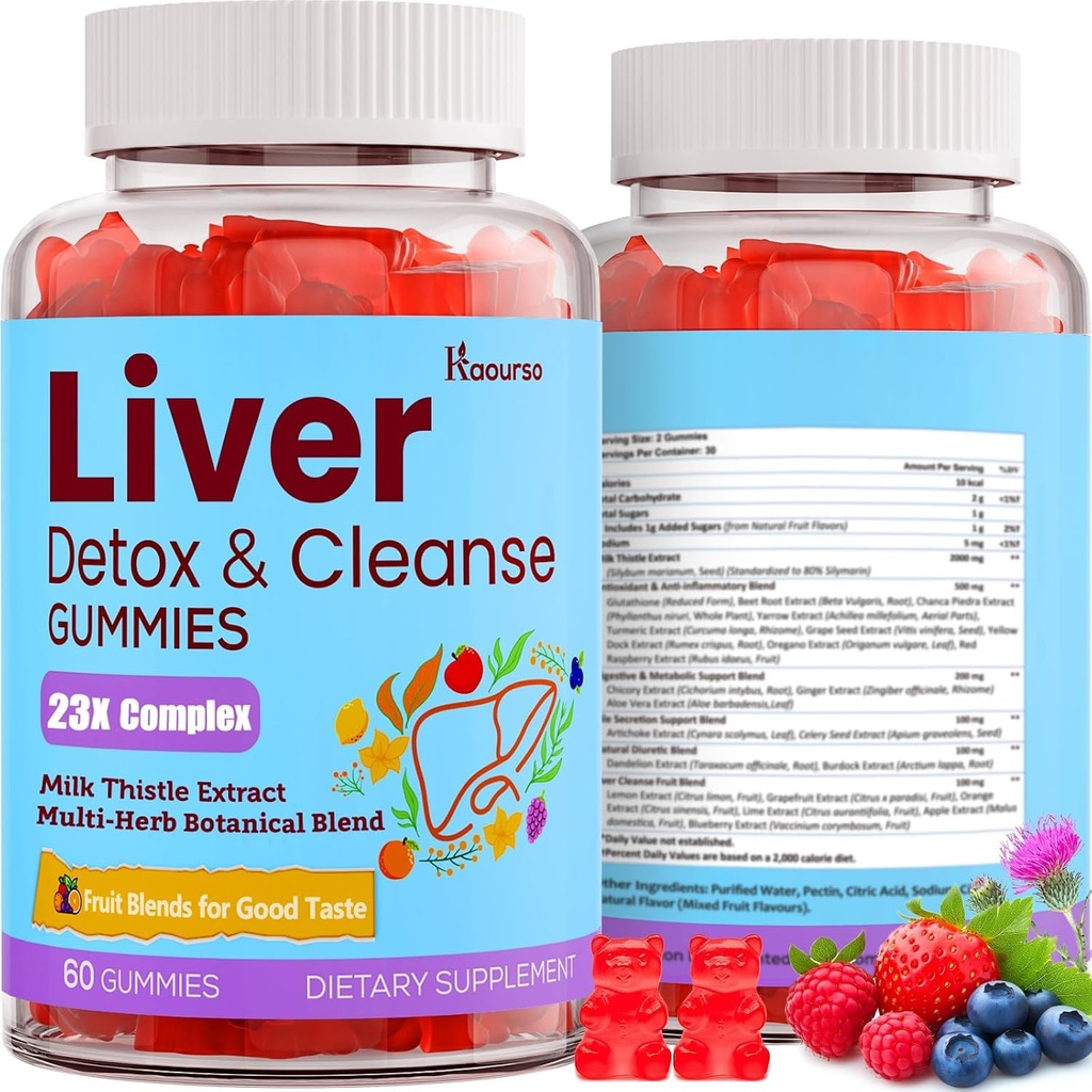 3000mg Liver Detox תיקון & ניקוי מסטיקנים | חלב Thistle 2000 מ"ג עם Turmeric Dandelion Root & Artichoke for Liver Detox, Liver Support & Renew, Antioxidant, Gut, Skin - פירות פלפור, 60 מסטיק