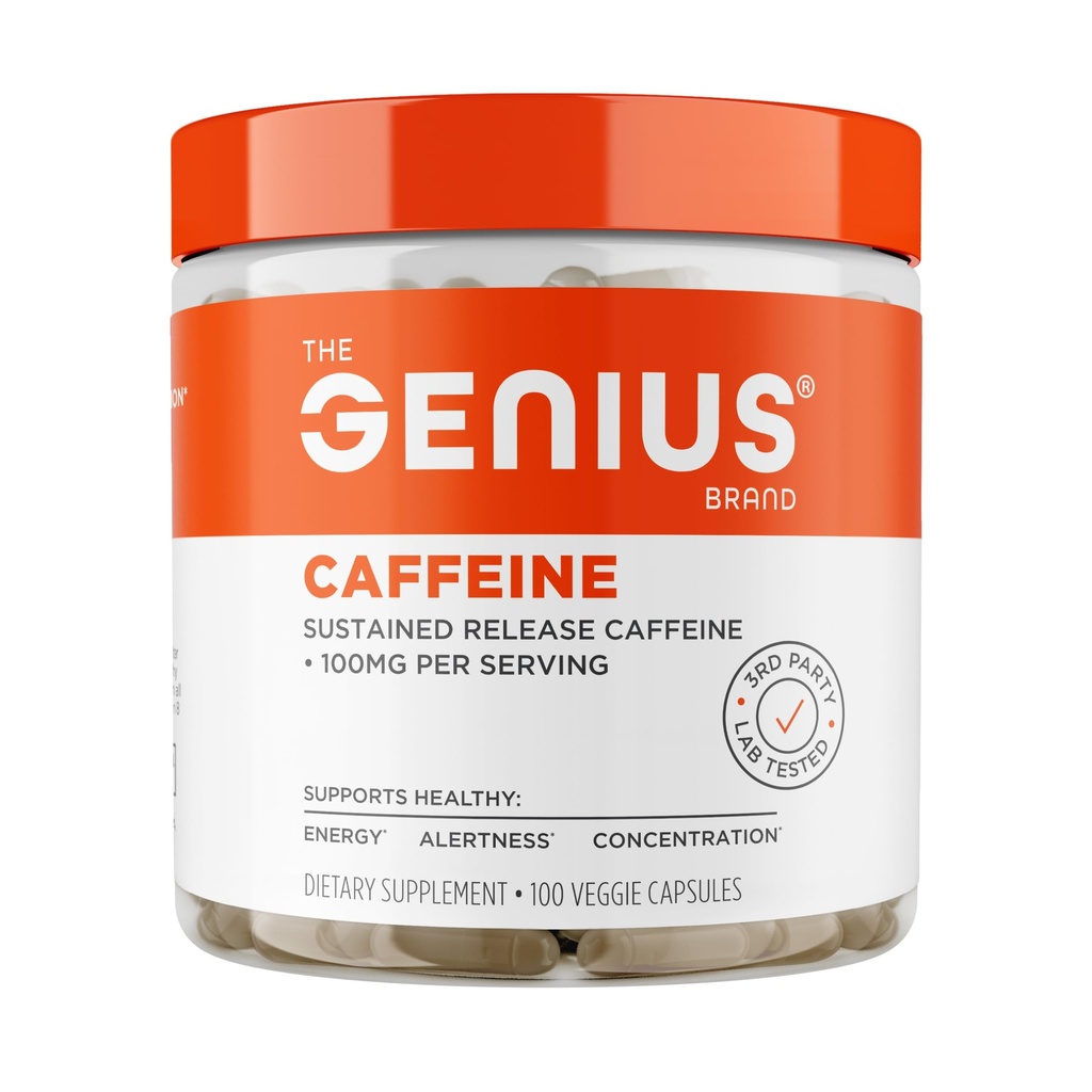 Genius Caffeine - Sustained-Release Microencapsulated Caffeine Pills עבור Smooth, Long-Lasting Energy & Focus - No Jitters or Crash - 100 מ"ג לקפסולה - 100 משרתים - ביצועים טבעיים Booster
