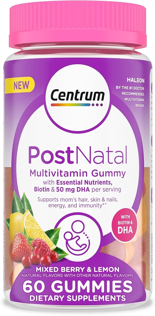 Moto Postnatal Multivitamin Gummies עם biotin ו DHA, ברי מעורב ולימון פלברס - 60 הרוזן, 30 יום אספקה