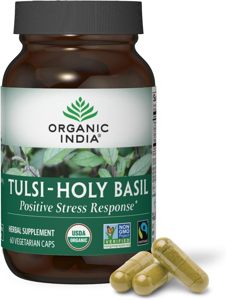 OrganIC INDIA Tulsi Holy בזיל קפסולות - תמצית בזיל הקדוש - תוספת של בזיל עלון הקדוש, תוסף צמחי, Immune Support, Stress Relief, Vegan, Gluten-Free, Organic, non-GMO - 60 קפסולות