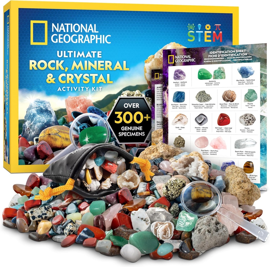 National Geographic Rock Collection Box for Kids - 300+ Piece Gemstones ו- Crystals כולל Set Geodes and Real Crystals, Rocks and מינרלים, Science Kit for Kids, A Geology Gift for Boys and Girls