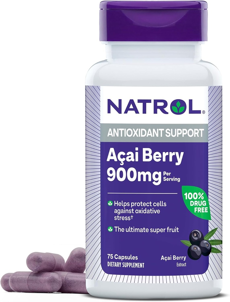 Natrol Acai ברי 900 מ"ג לשרת, תוספת תזונתית לתמיכה אנטי-חמצן, 75 קפסולות, 37 יום אספקה