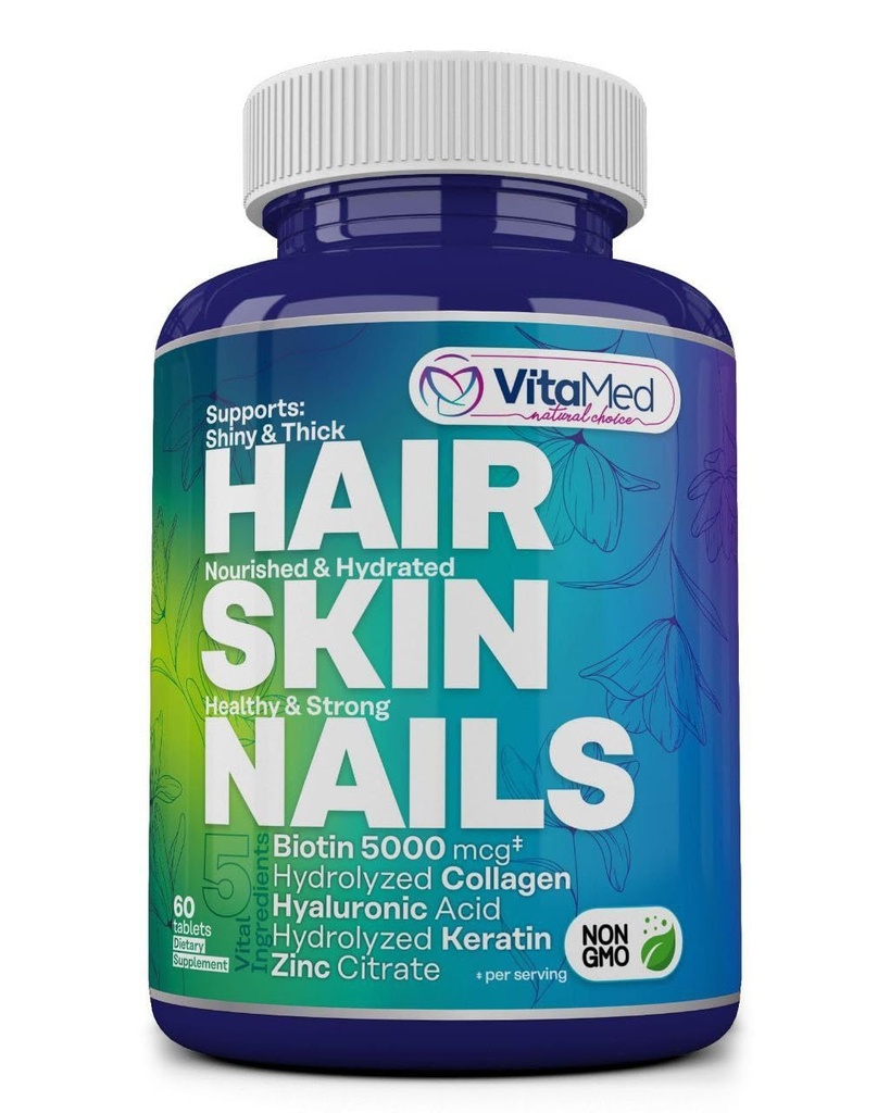 VitaMed Hair, Skin & Nails - Biotin 5000 mcg, Collagen, OptiMSM, Keratin, Hyaluronic Acid & Silica | תומך צמיחת שיער, עור כהה, ציפורניים חזקות | Halal, non-GMO, Gluten-Free - 60 טבליות יופיים