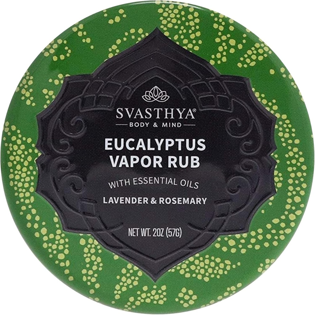 Svasthya Body & Mind Eucalyptus Vapor Rub - Opens Nasal Passages & Moisturating the Skin, Cough, Stuffy Nose & Community Relief, שמן זית, Beeswax, Lavender, Rosemary - Made in the USA, 2oz