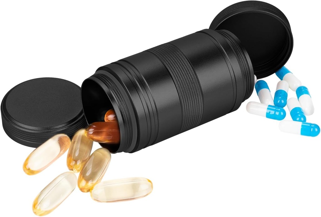 Metal Pill Box 2 Times a Day - Portable Waterהוכחה Small Pill Case (AM PM), Travel Daily Container, Compact Pill Holder Medicine ארגן עבור Pills/Vitamin/Fish Oil/Supplements, Black Black Black Container