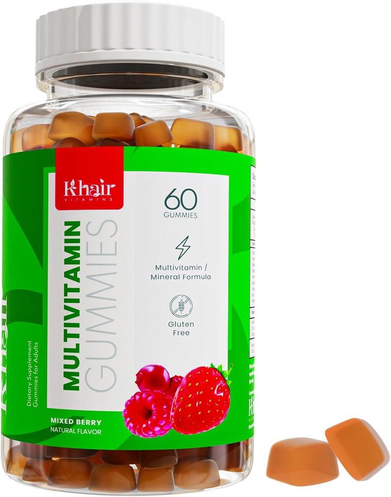 Khair Halal Adult Multivitamins Gummy - טבעוני, non-GMO - Gluten Free, Gelatin חינם - ויטמינים חיוניים: ויטמין A E C D B12 & ויטמין B6 Halal ויטמינים - 60 מסטיקים