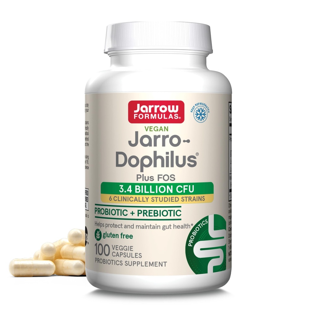 Jarrow Formulas Jarro-Dophilus + FOS - 3.4 מיליארד אורגניזמים Per Serve - 100 Veggie Caps - Prebiotic & Probiotic - תמיכה תזונתית בקטריה Beneficial - עד 100 משרתים
